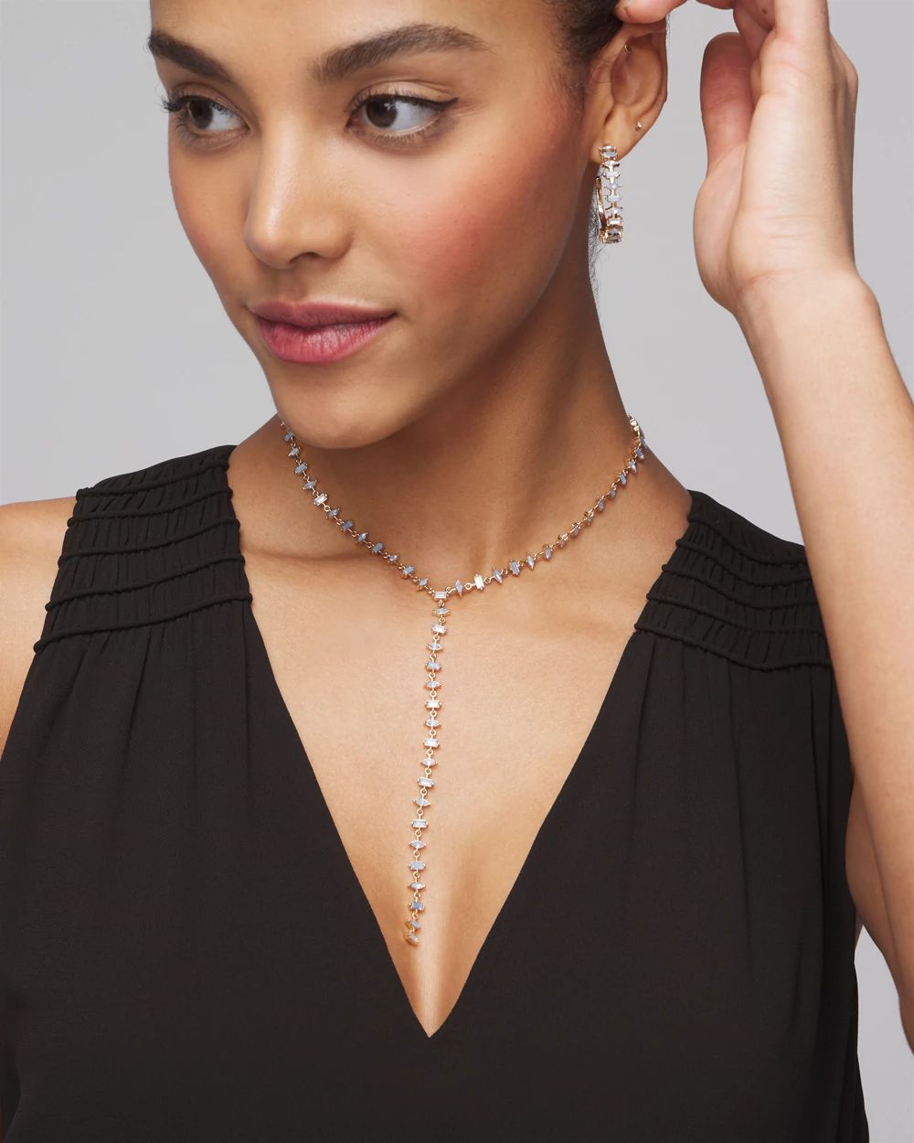 Gold Blue Baguette Y Necklace
